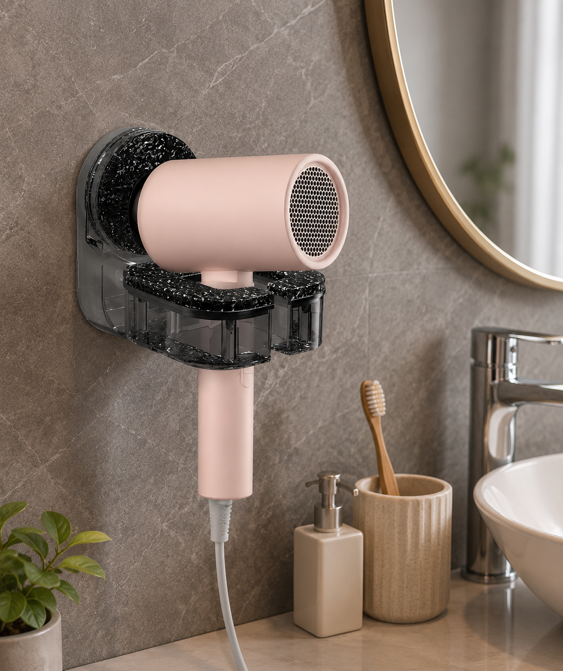 Suction Cup Hair Dryer Rack for Wall – No Drill Bathroom Organizer, Silver