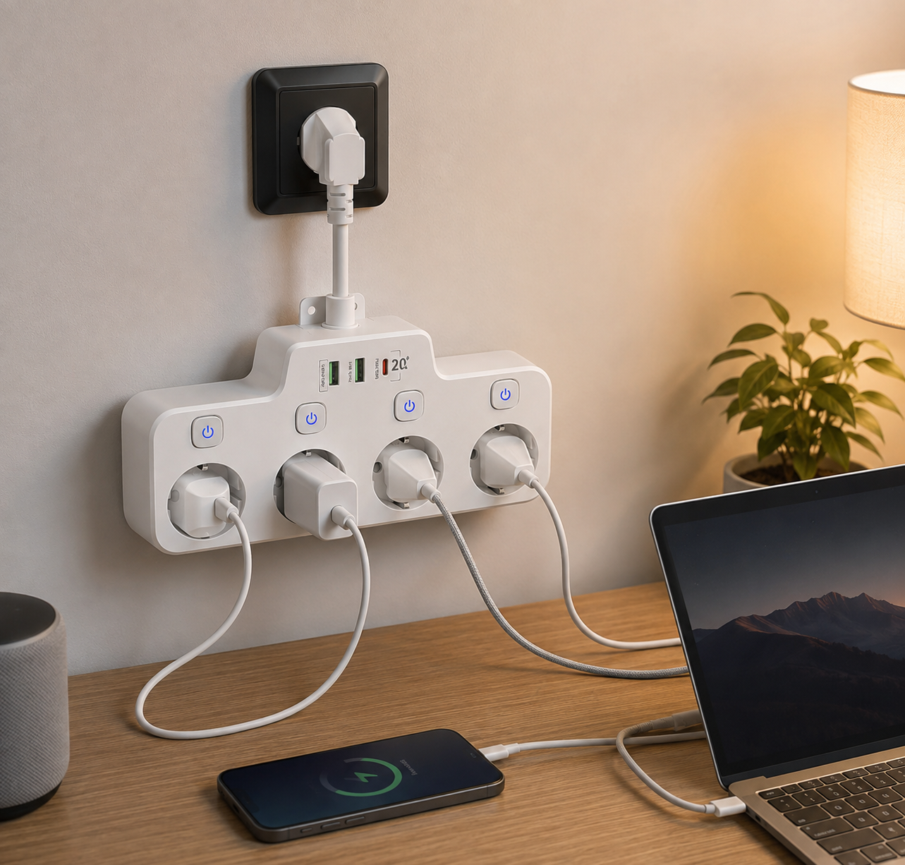 Rotatable Power Strip for Wall Mounting, 3 Outlets, 2 USB A, 1 USB C, Independent Switches, Overload Protection, Black White Gray