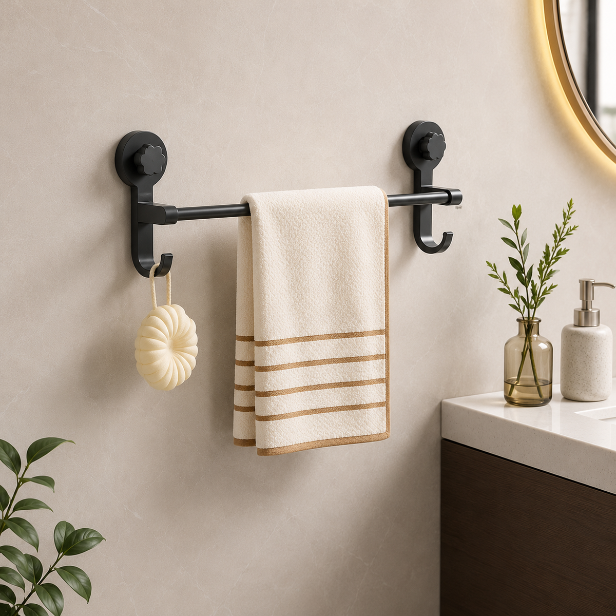 Suction Cup Towel Bar Holder for Bathroom and Kitchen, 40cm, Black, No Drill