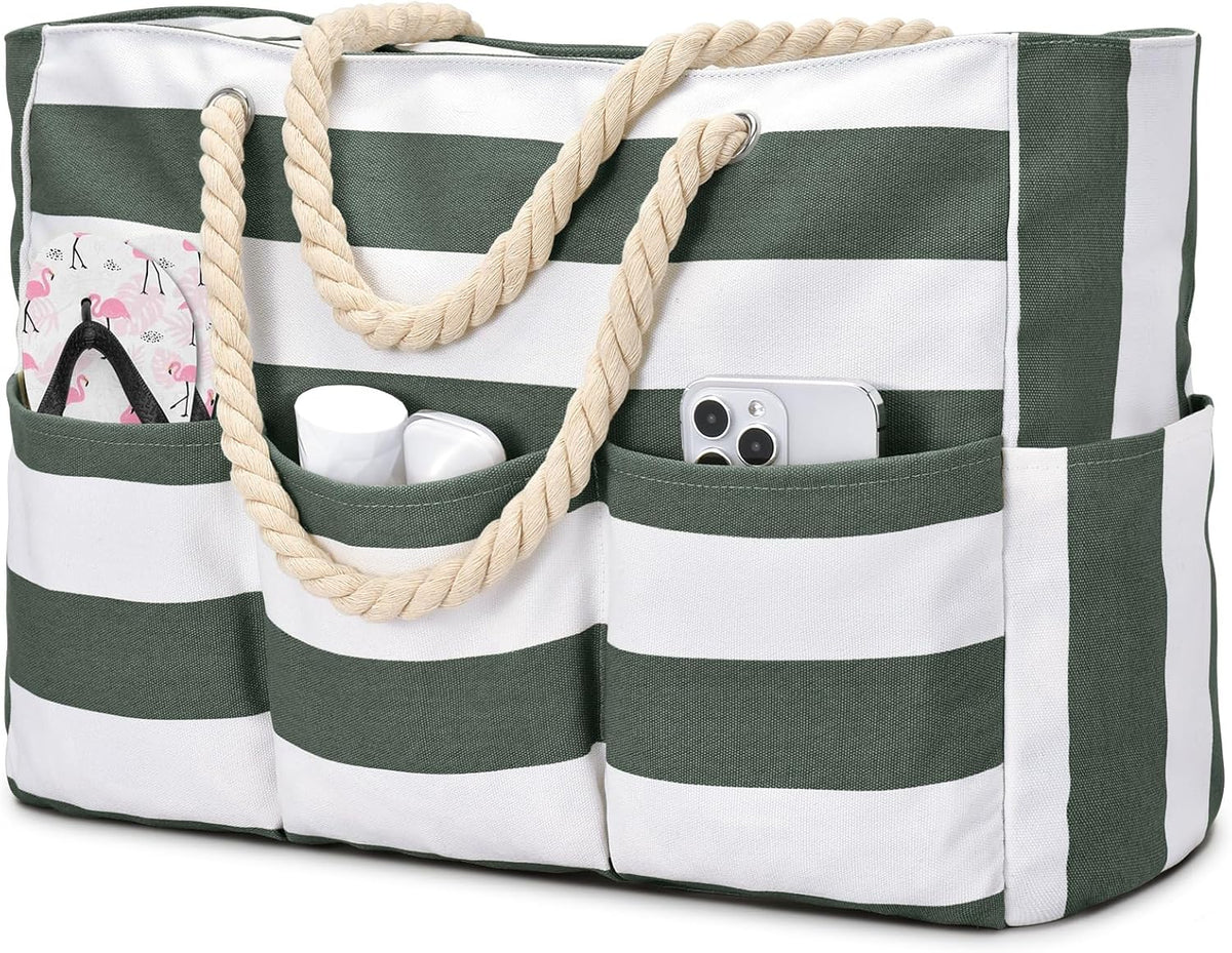 Large Waterproof Canvas Beach Bag with 7 Pockets for Sand-Free Enjoyment