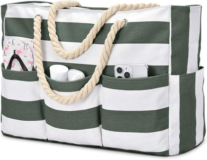 Large Waterproof Canvas Beach Bag with 7 Pockets for Sand-Free Enjoyment