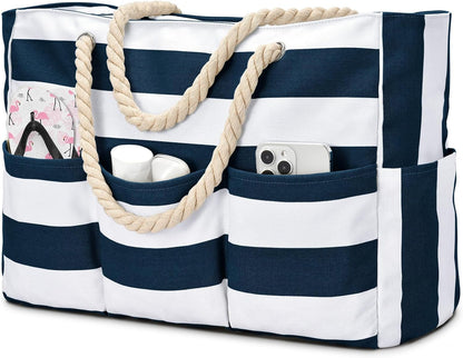 Large Waterproof Canvas Beach Bag with 7 Pockets for Sand-Free Enjoyment