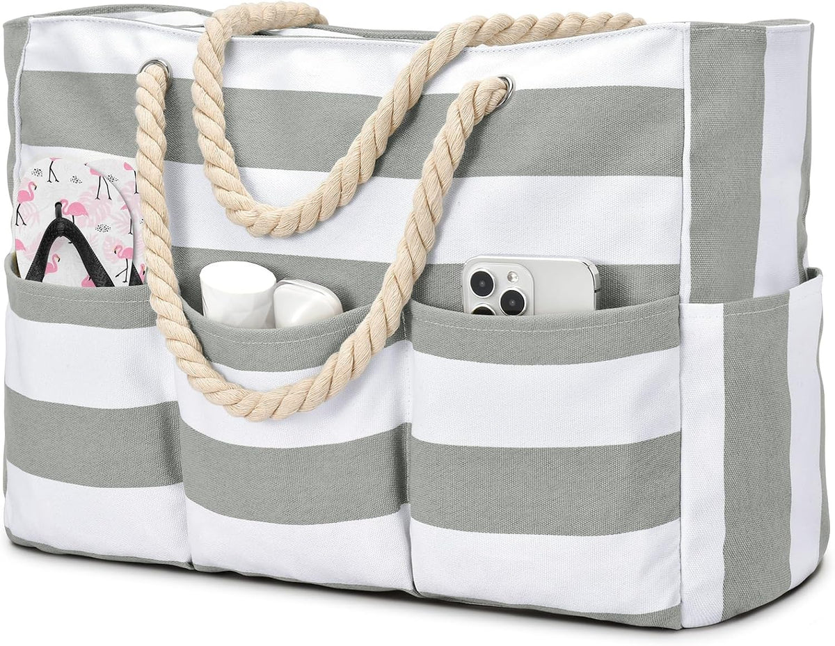 Large Waterproof Canvas Beach Bag with 7 Pockets for Sand-Free Enjoyment
