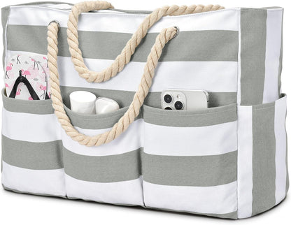 Large Waterproof Canvas Beach Bag with 7 Pockets for Sand-Free Enjoyment