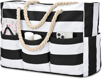 Large Waterproof Canvas Beach Bag with 7 Pockets for Sand-Free Enjoyment