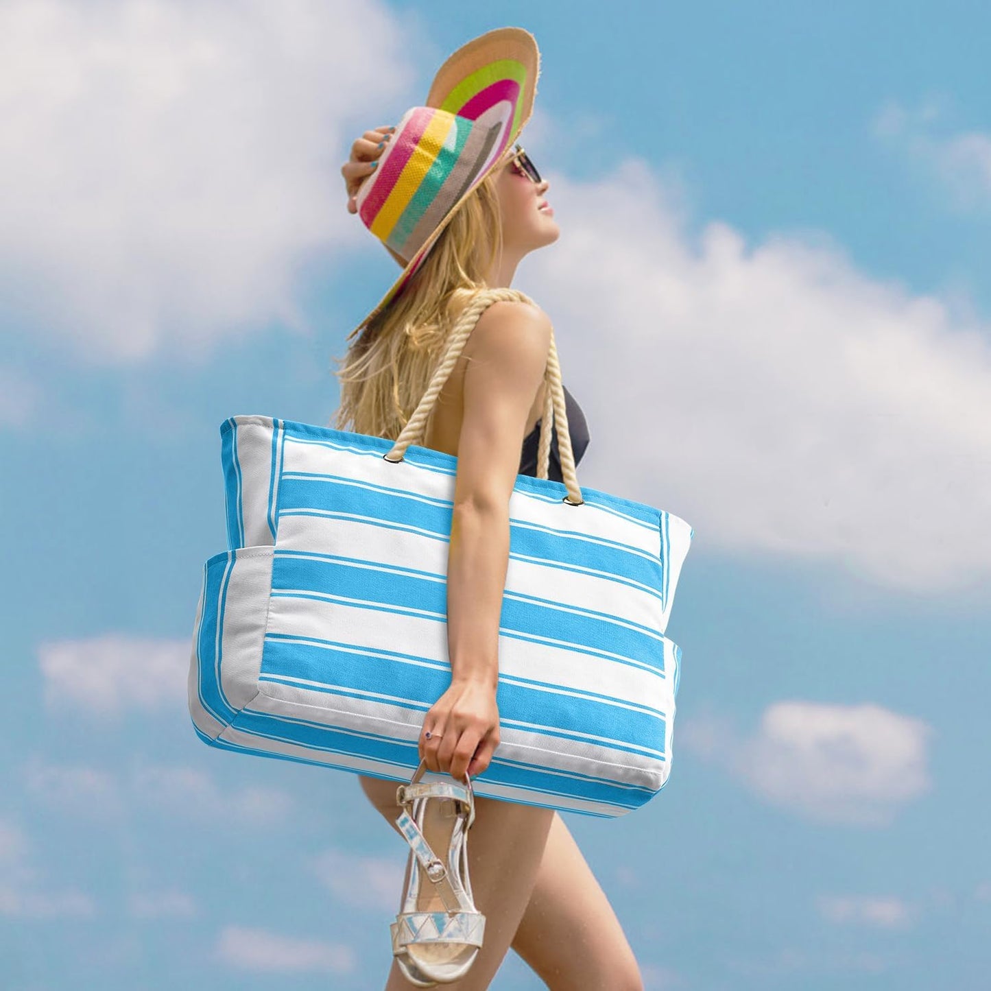 Spacious Waterproof Tote Bag with Multiple Compartments for Beach and Travel