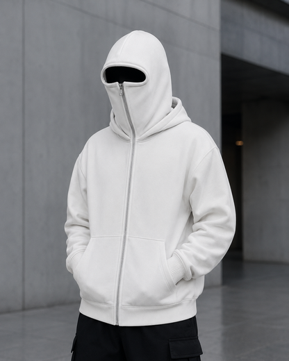 Knit Polyester Ski Mask Sweatshirt with Double Hood, Neck Gaiter, Pockets - Unisex Full Zip Balaclava Hoodie for Winter