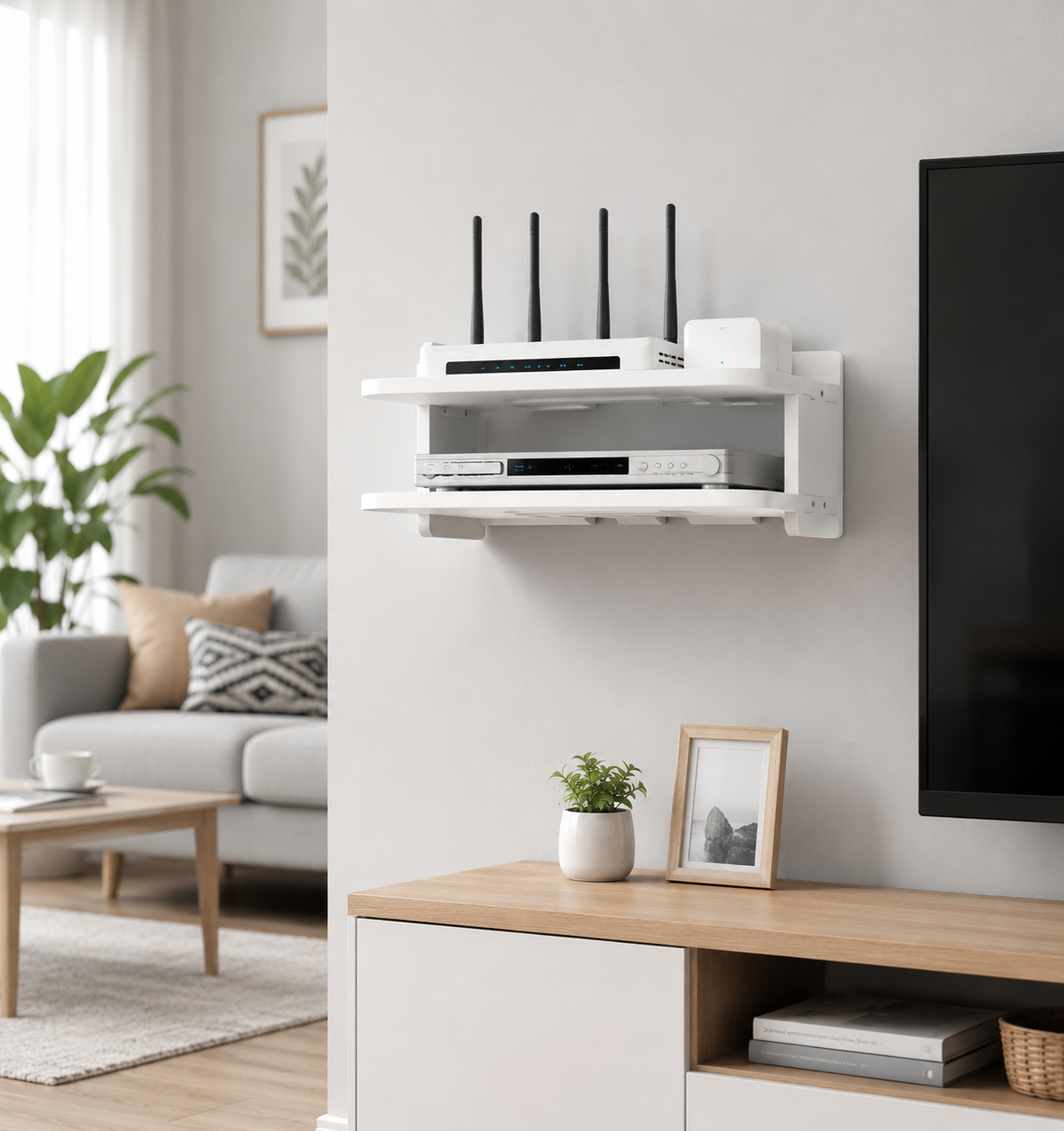 Floating Wall-Mounted Shelf for WiFi Router, Modem, and Cable Storage