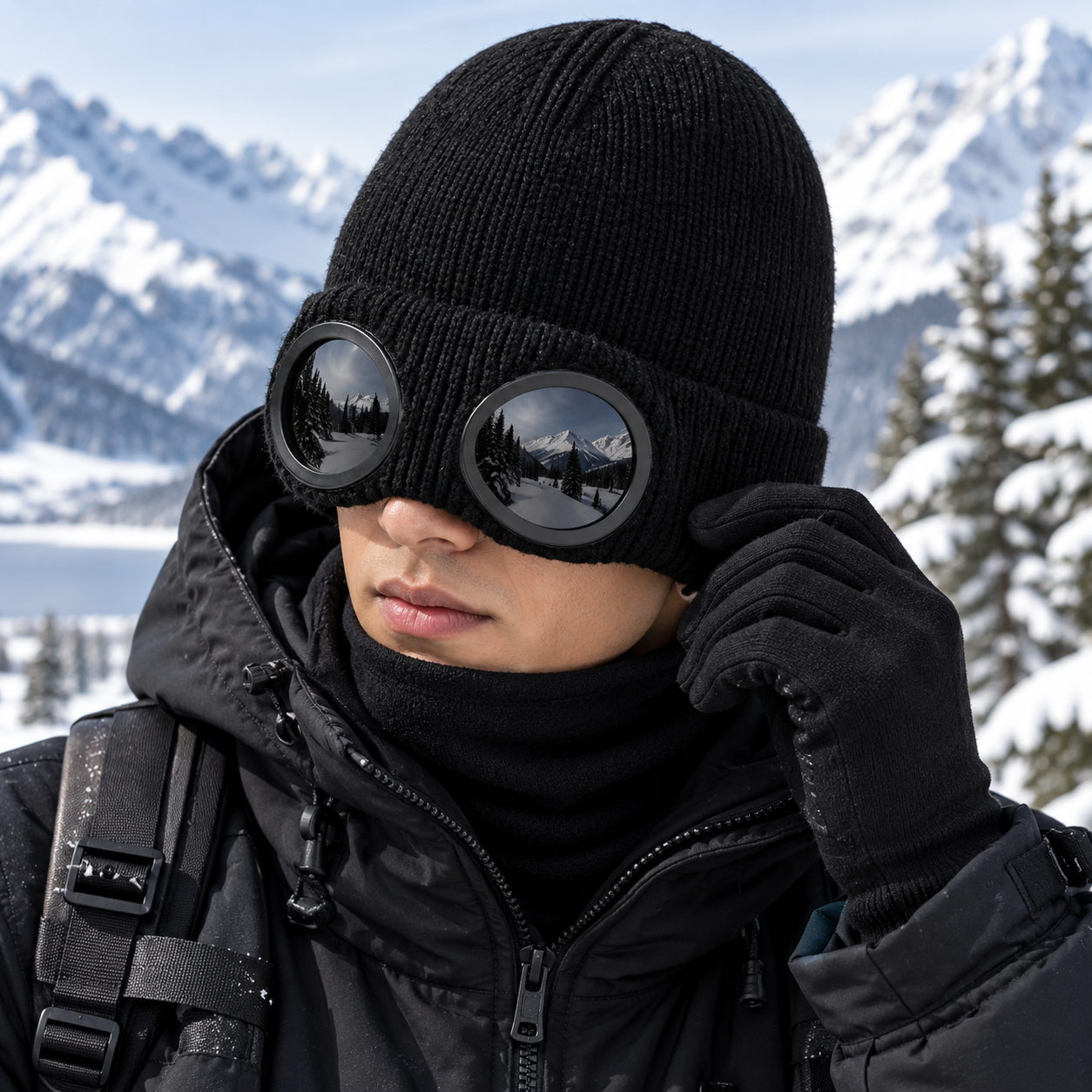 Waterproof Windproof Ski Cap Beanie with Built-in Goggles for All