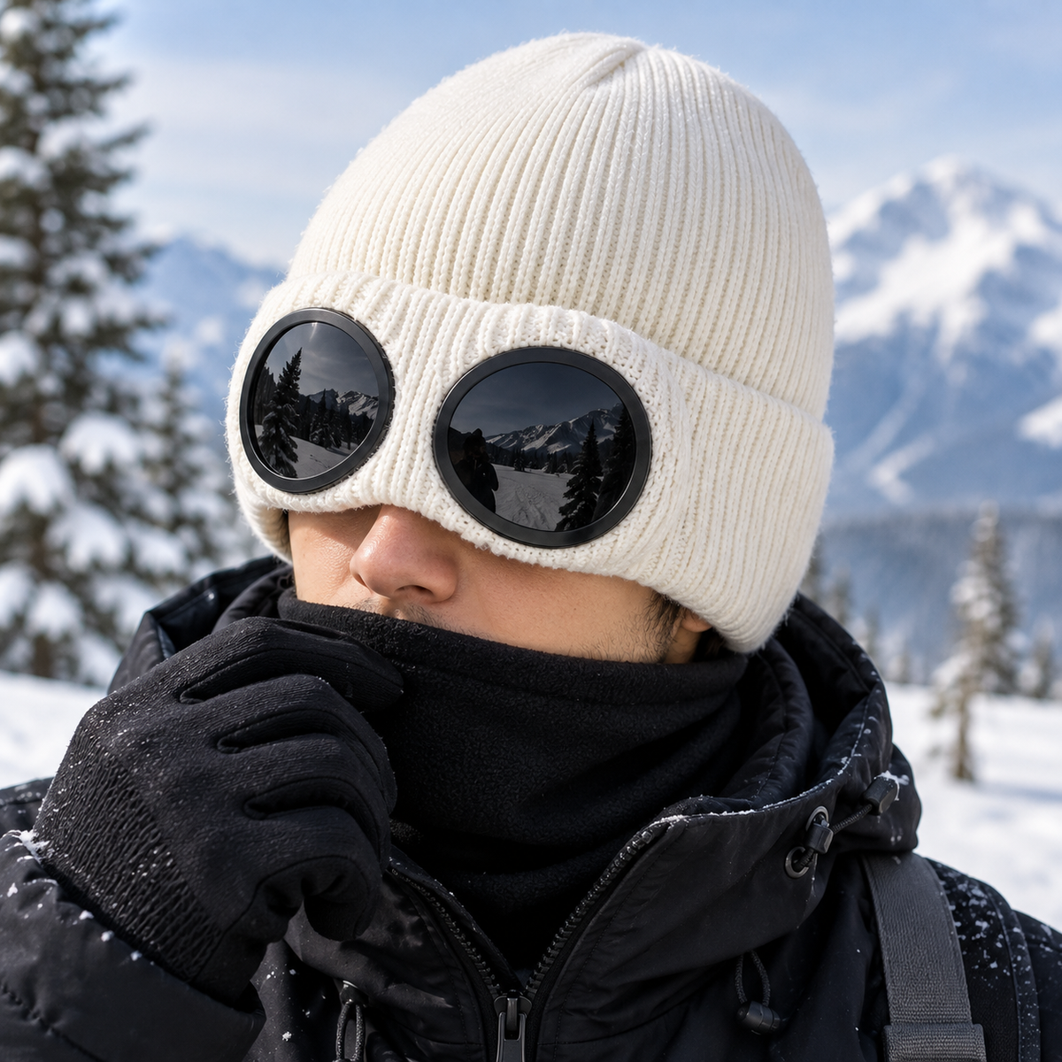 Waterproof Windproof Ski Cap Beanie with Built-in Goggles for All