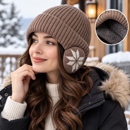 Unisex Ribbed Beanie Hat with Ear Coverage - Plush Lined Polyester Snowflake Cap, One Size