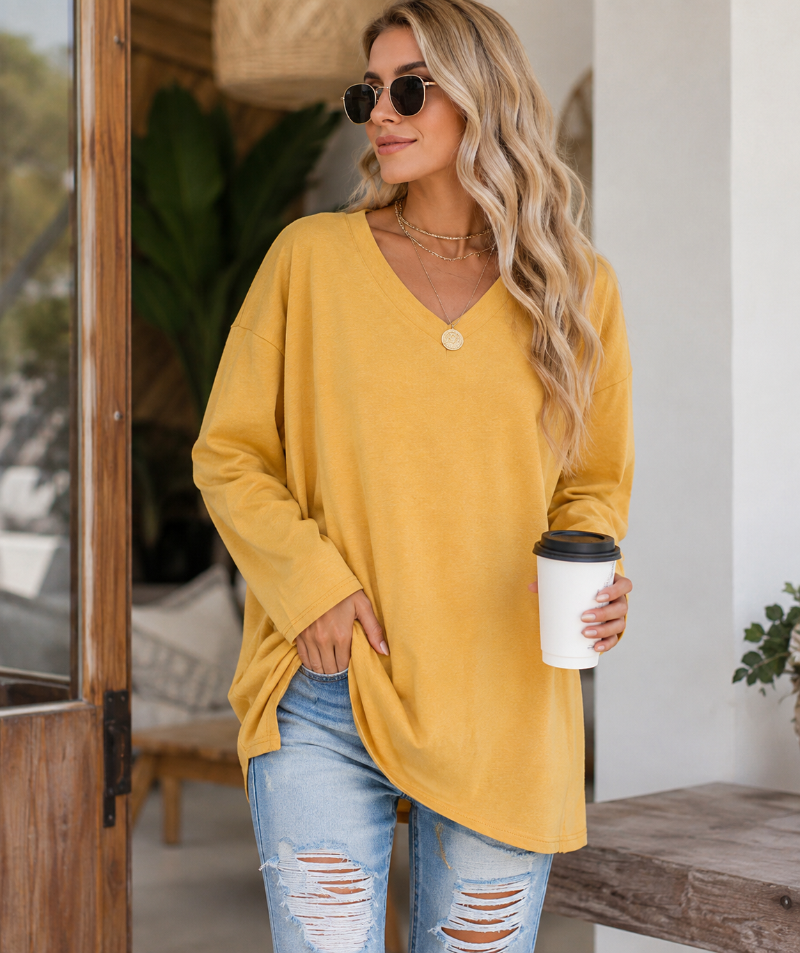 Casual Long Sleeve V-Neck Tee for Women, Flared Hem Cotton Blend Top