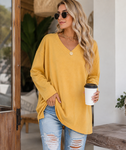 Casual Long Sleeve V-Neck Tee for Women, Flared Hem Cotton Blend Top