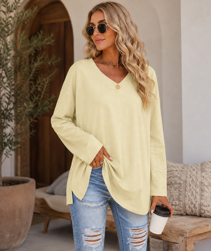 Casual Long Sleeve V-Neck Tee for Women, Flared Hem Cotton Blend Top