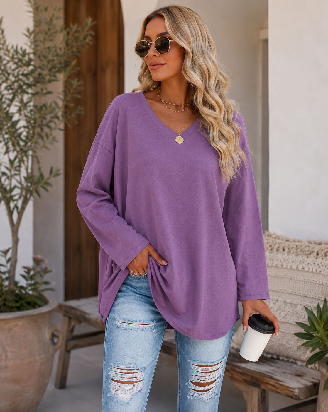 Casual Long Sleeve V-Neck Tee for Women, Flared Hem Cotton Blend Top