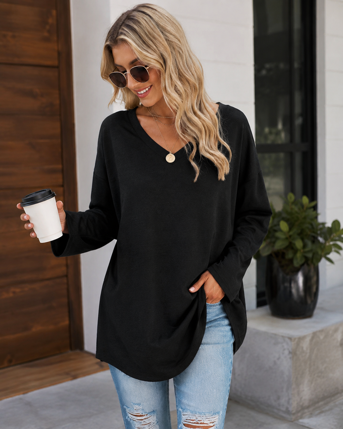 Casual Long Sleeve V-Neck Tee for Women, Flared Hem Cotton Blend Top