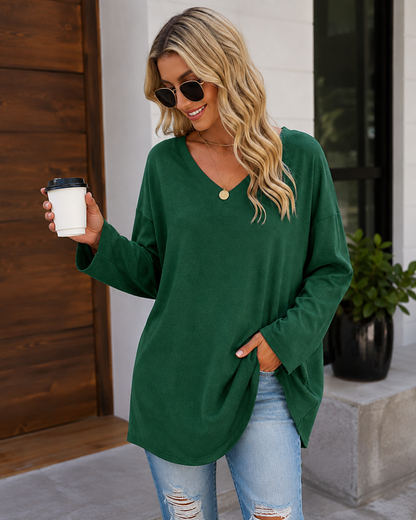 Casual Long Sleeve V-Neck Tee for Women, Flared Hem Cotton Blend Top