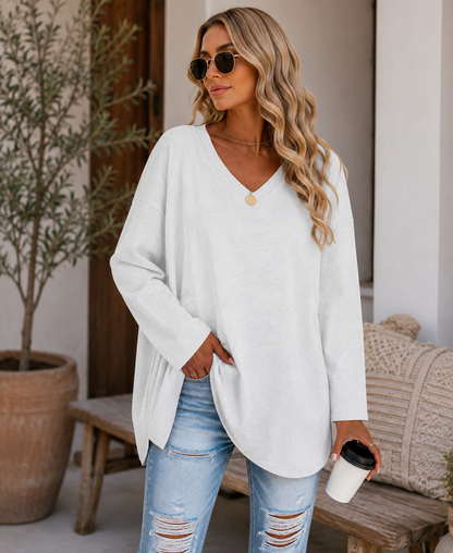 Casual Long Sleeve V-Neck Tee for Women, Flared Hem Cotton Blend Top