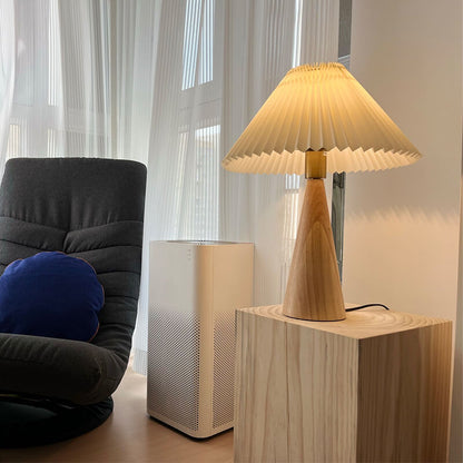 Minimalist LED Table Lamp with Wooden Base and Fabric Shade