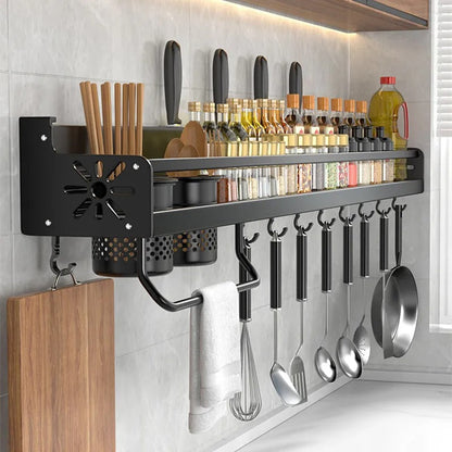 Aluminum Kitchen Organizer Rack for Wall, Utensil & Spice Holder with Hooks