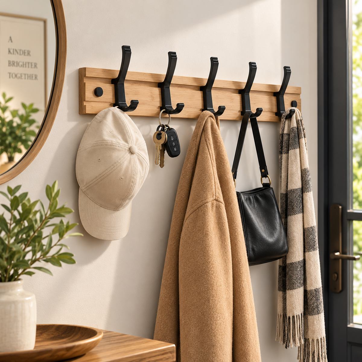 Bamboo Coat Rack for Wall with Adjustable Hooks, 3 to 5 Hooks, 13.5kg Load, No Drilling Needed