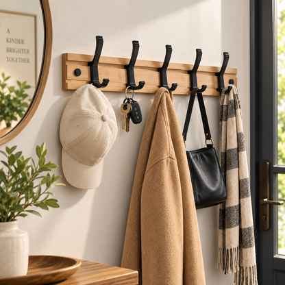 Bamboo Coat Rack for Wall with Adjustable Hooks, 3 to 5 Hooks, 13.5kg Load, No Drilling Needed