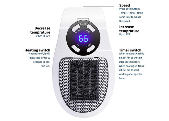 Compact Electric Heater with Custom Thermostat & Timer, 1500W for 350 Sq Ft