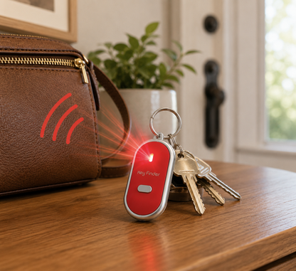 Key Finder with Whistle Activation, Red LED Light, Sound-Activated Locator for Keys, Wallets, Bags, and Remotes