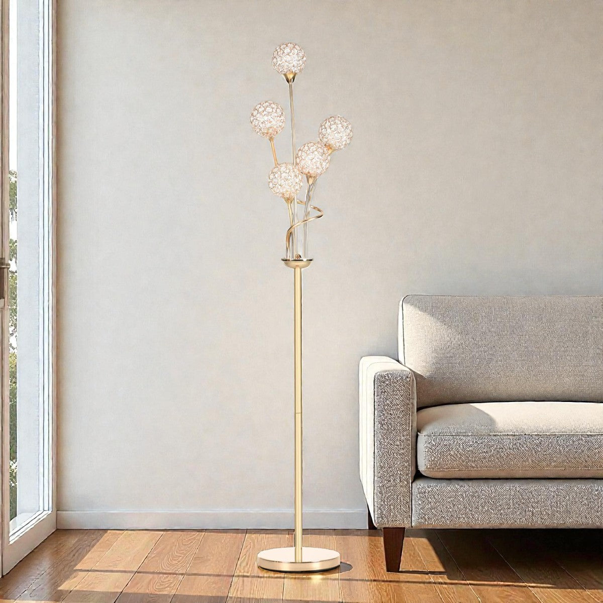 5-Light Crystal Floor Lamp with Gold Metal Frame