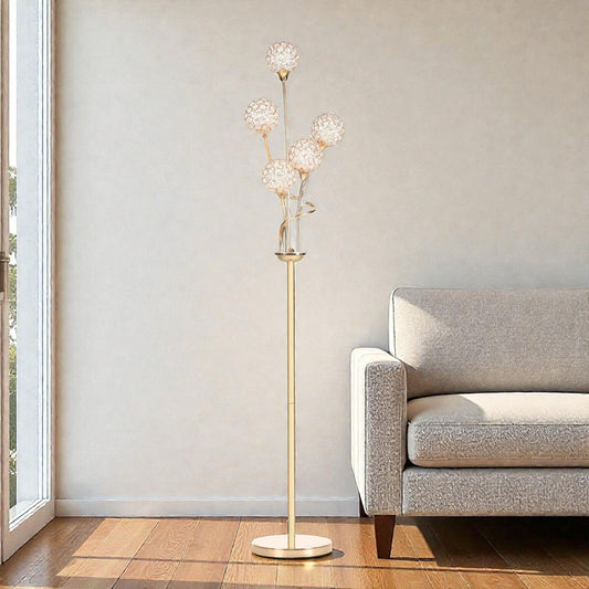 5-Light Crystal Floor Lamp with Gold Metal Frame