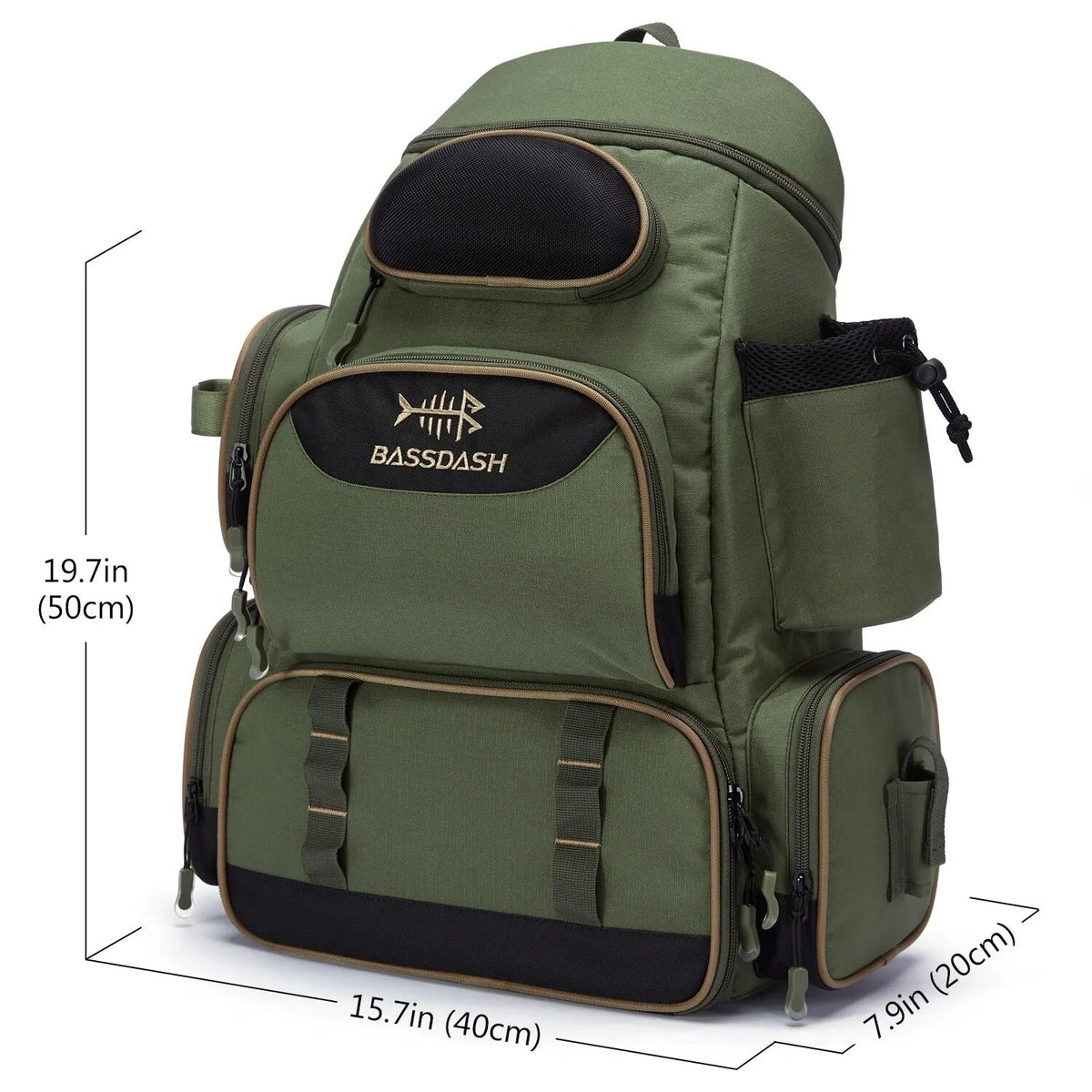 Fishing Gear Backpack - Waterproof Tackle Storage Bag with Rod Holder, Green, 15.7 x 7.9 x 19.7 in, for 3 Utility Boxes