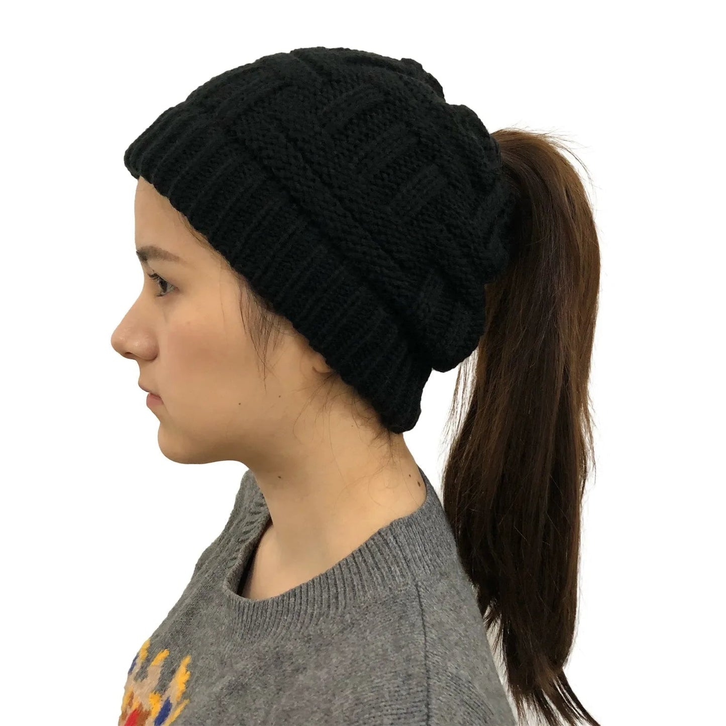 Knit Winter Hat for Women with Messy Bun Hole – Stretchy Beanie in 4 Colors