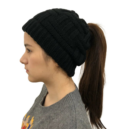 Knit Winter Hat for Women with Messy Bun Hole – Stretchy Beanie in 4 Colors
