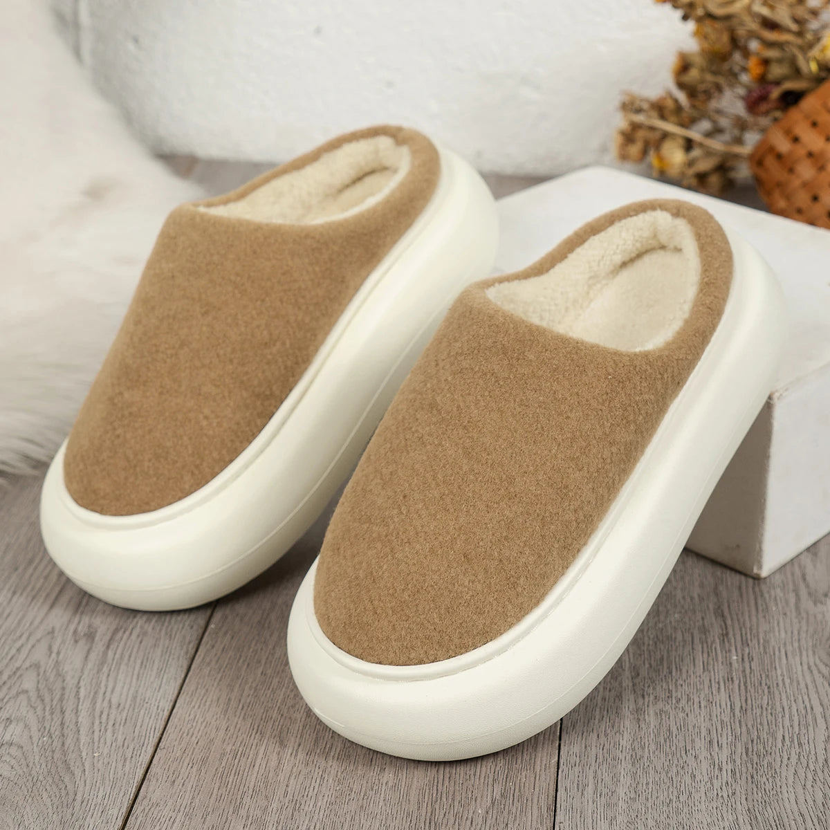 Cozy Winter House Slippers for Women - Soft Beige and Brown Fleece, Anti-Slip