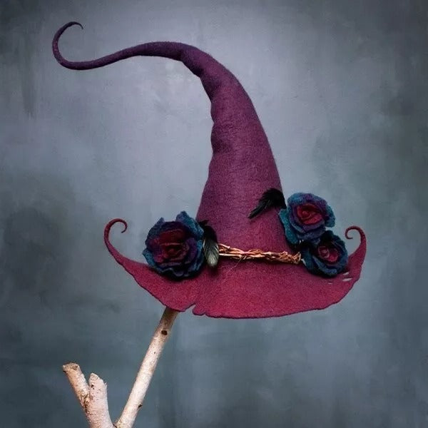 Artisan Woolen Witch Hat with Chiffon Trim and Adjustable Design