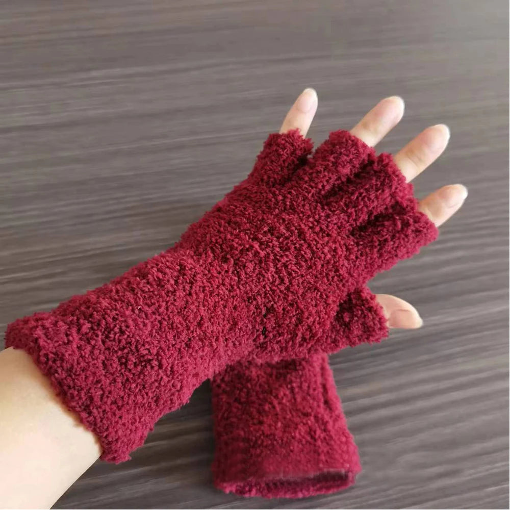 Adult Half-Finger Gloves with Coral Fleece Lining – Available in 6 Colors