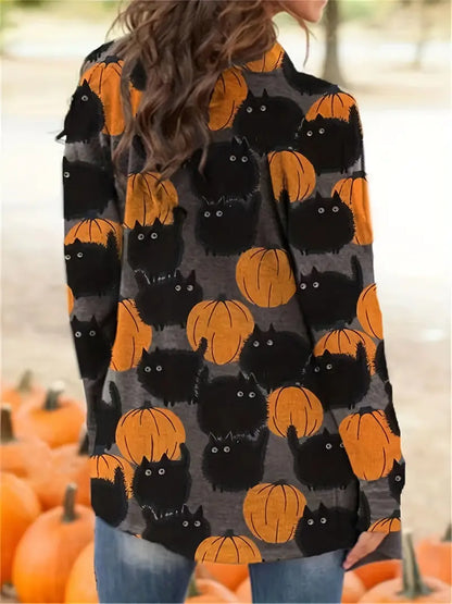 Festive Pumpkin Pattern Cardigan for Cozy Halloween Style