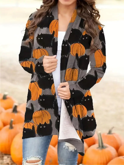 Festive Pumpkin Pattern Cardigan for Cozy Halloween Style
