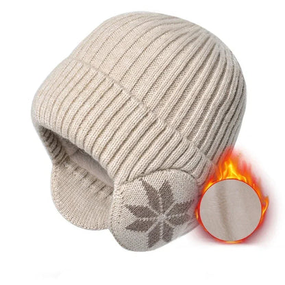 Unisex Ribbed Beanie Hat with Ear Coverage - Plush Lined Polyester Snowflake Cap, One Size