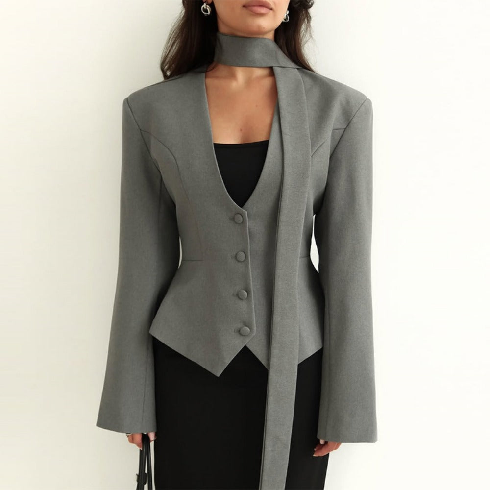 Chic Women's Blazer with Attached Scarf and Tailored Design