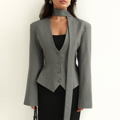 Chic Women's Blazer with Attached Scarf and Tailored Design