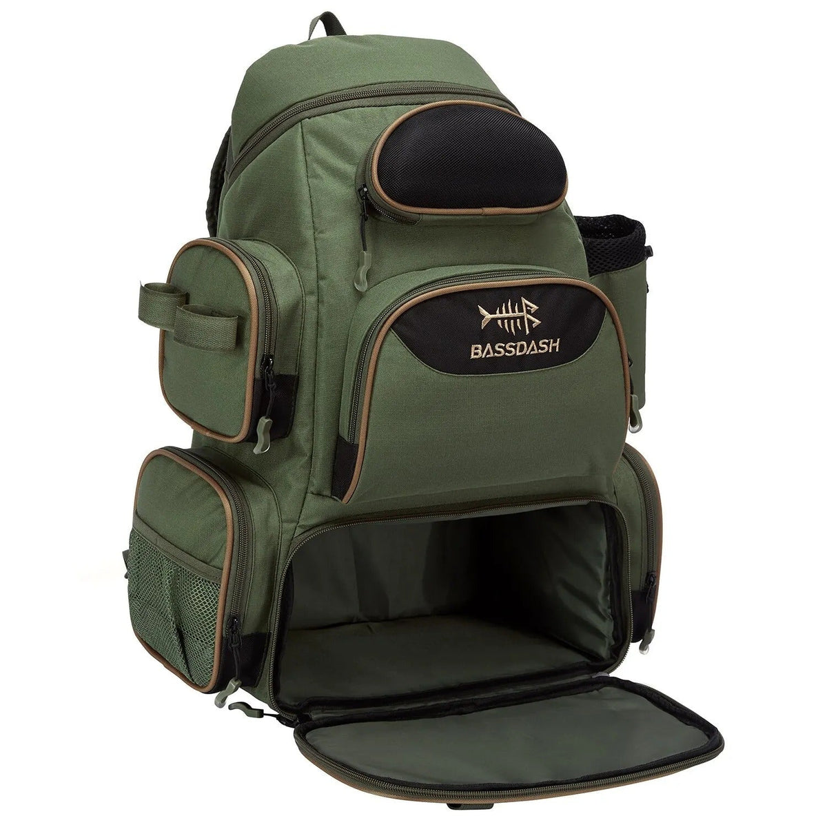 Fishing Gear Backpack - Waterproof Tackle Storage Bag with Rod Holder, Green, 15.7 x 7.9 x 19.7 in, for 3 Utility Boxes