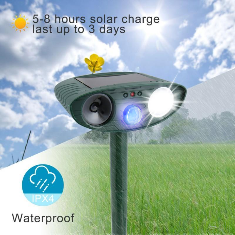 4-Pack Motion Sensor Ultrasonic Animal Deterrent with Solar Power and Flashing Light