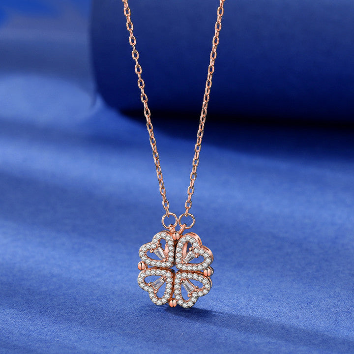 Clover Heart Pendant Necklace with Everlasting Roses & Gift Box