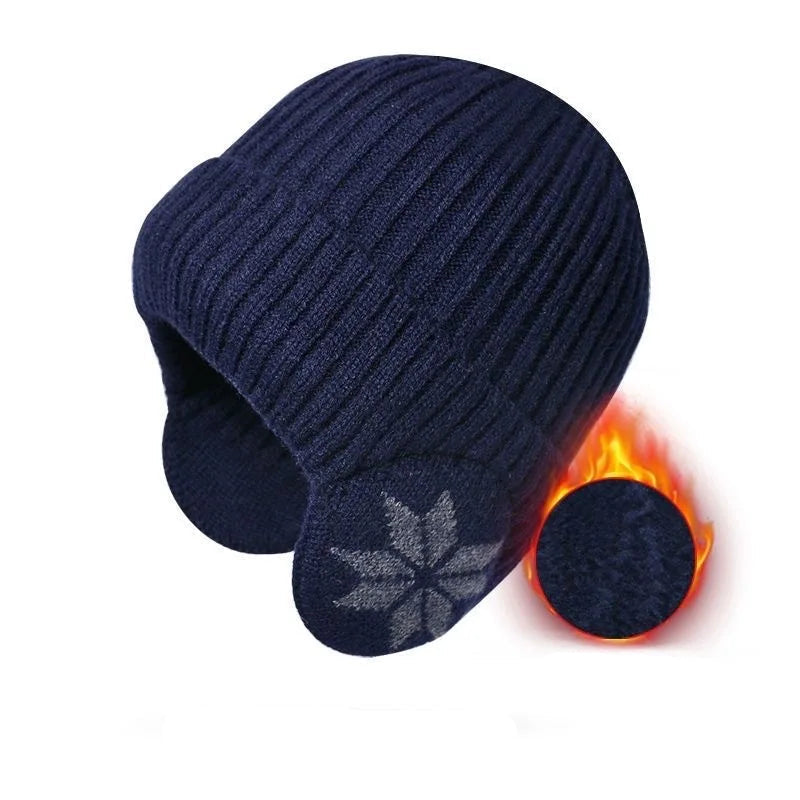 Unisex Ribbed Beanie Hat with Ear Coverage - Plush Lined Polyester Snowflake Cap, One Size