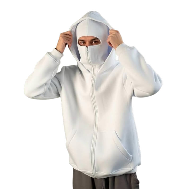 Knit Polyester Ski Mask Sweatshirt with Double Hood, Neck Gaiter, Pockets - Unisex Full Zip Balaclava Hoodie for Winter