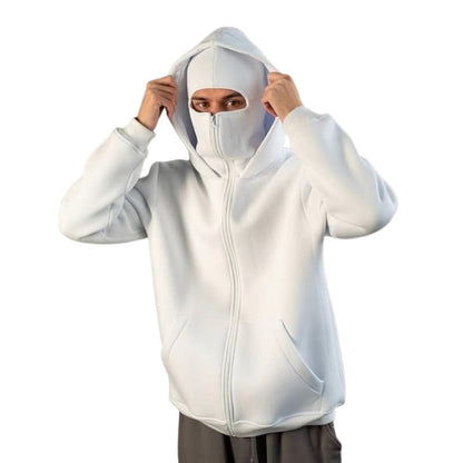 Knit Polyester Ski Mask Sweatshirt with Double Hood, Neck Gaiter, Pockets - Unisex Full Zip Balaclava Hoodie for Winter