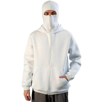 Knit Polyester Ski Mask Sweatshirt with Double Hood, Neck Gaiter, Pockets - Unisex Full Zip Balaclava Hoodie for Winter