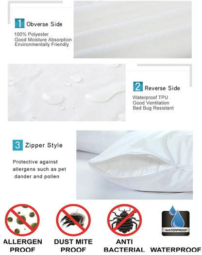 Standard Pillow Protector with Waterproof Zipper, 19.6 x 27.5 Inches, Washable