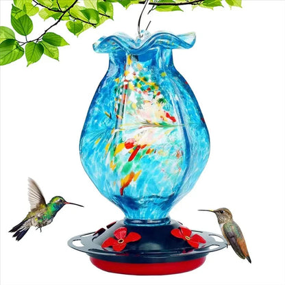 Vibrant Blue Glass Hummingbird Feeder with Insect Guard Features
